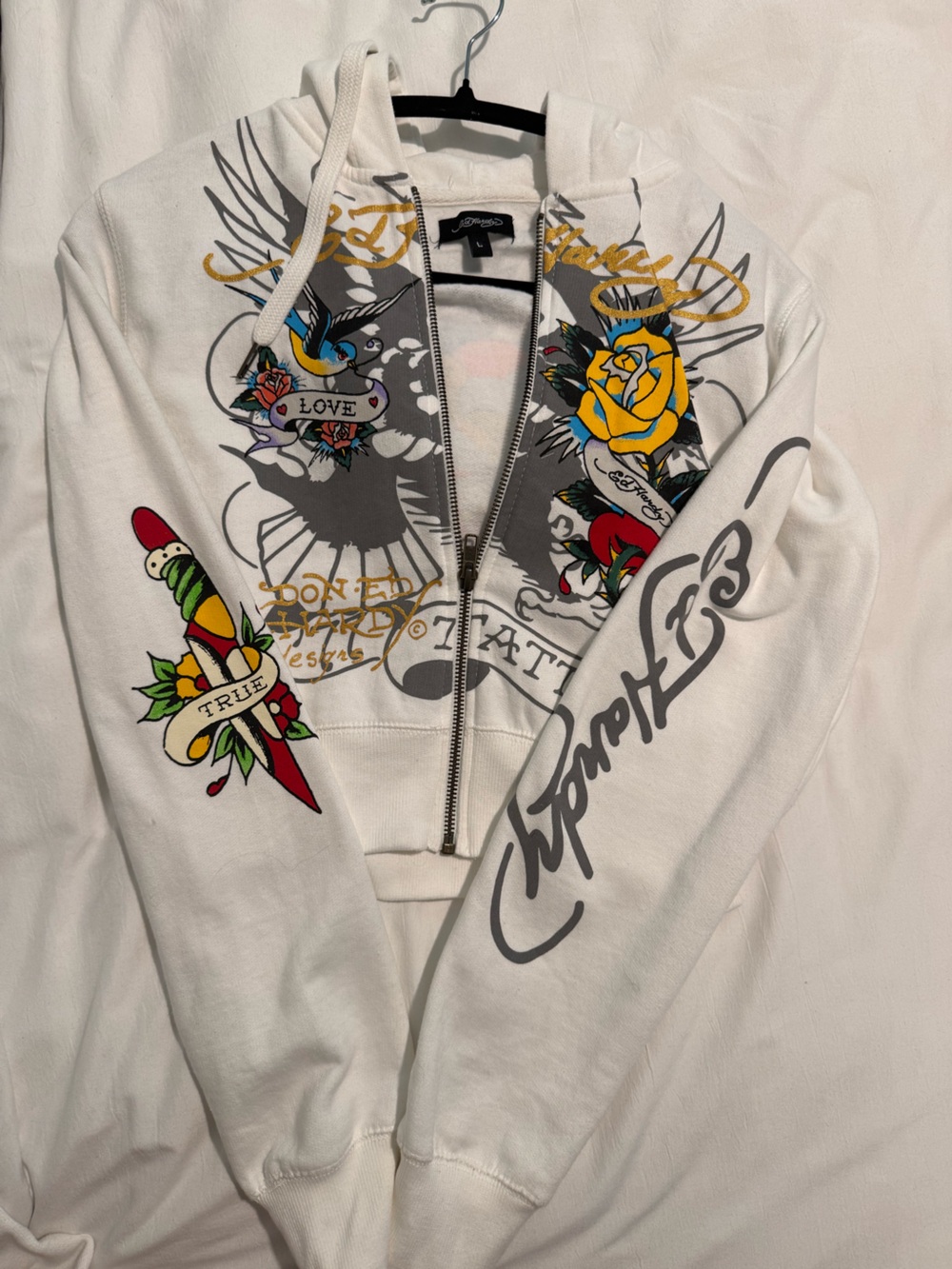 Ed Hardy Cropped White Zip Hoodie with Yellow Rose and Red Heart Tattoo Art